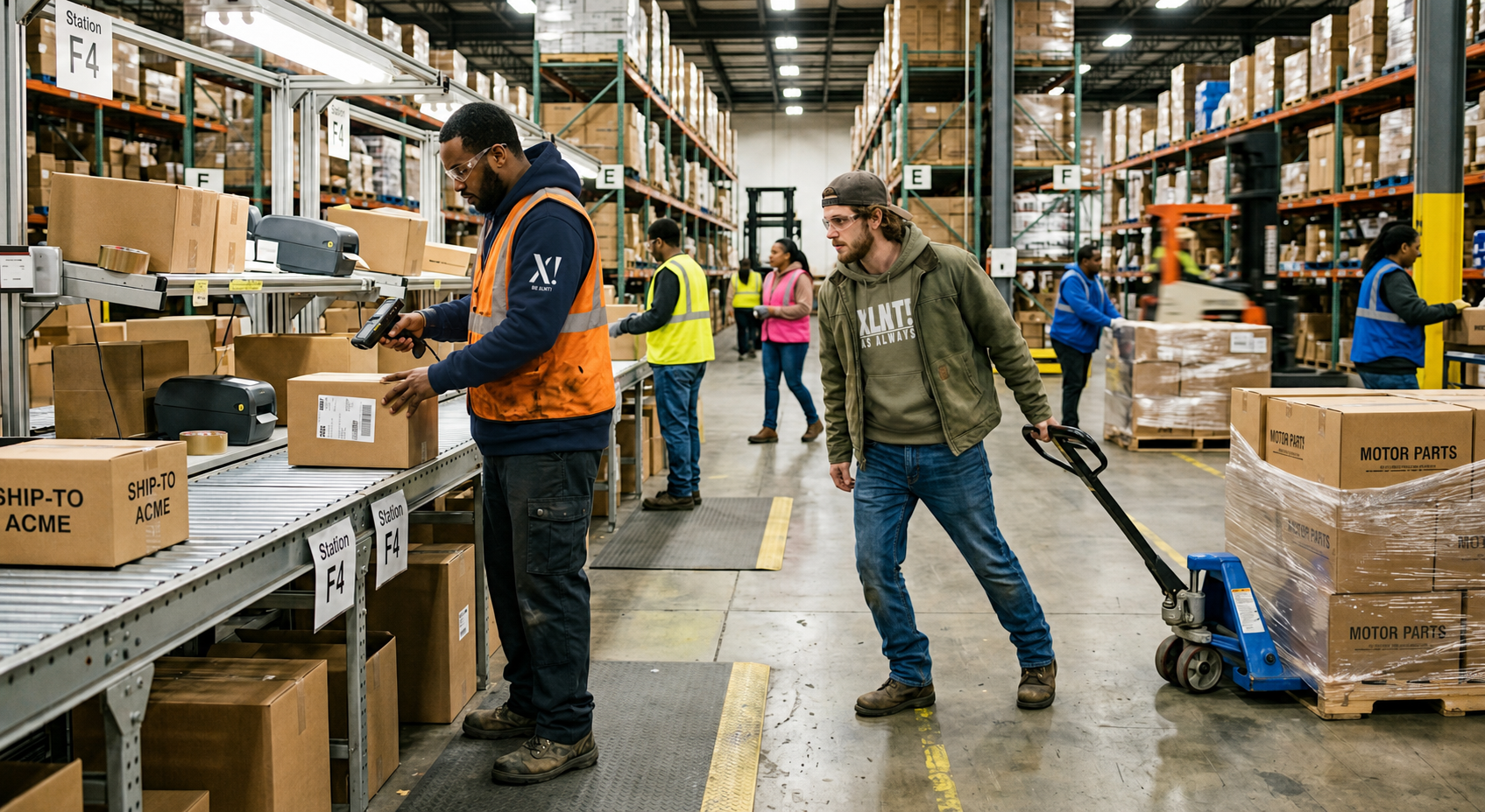 Two warehouse workers wearing XLNT hoodies under their safety vest and work jacket