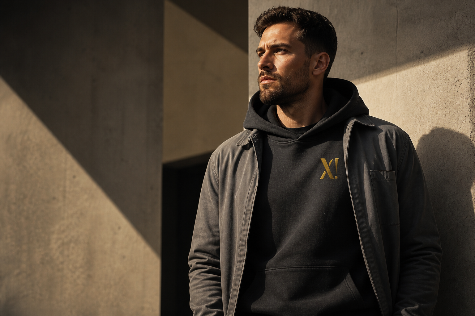A man in a charcoal XLNT hoodie standing in a concrete architectural interior