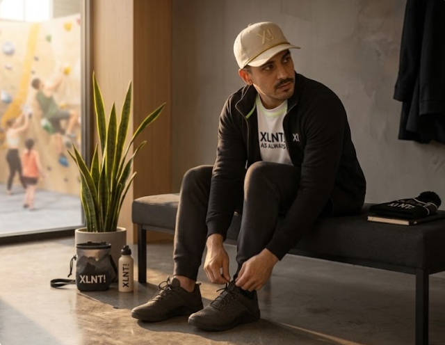 A man tying his shoes at a climbing gym in XLNT As Always gear, cap, and beanie
