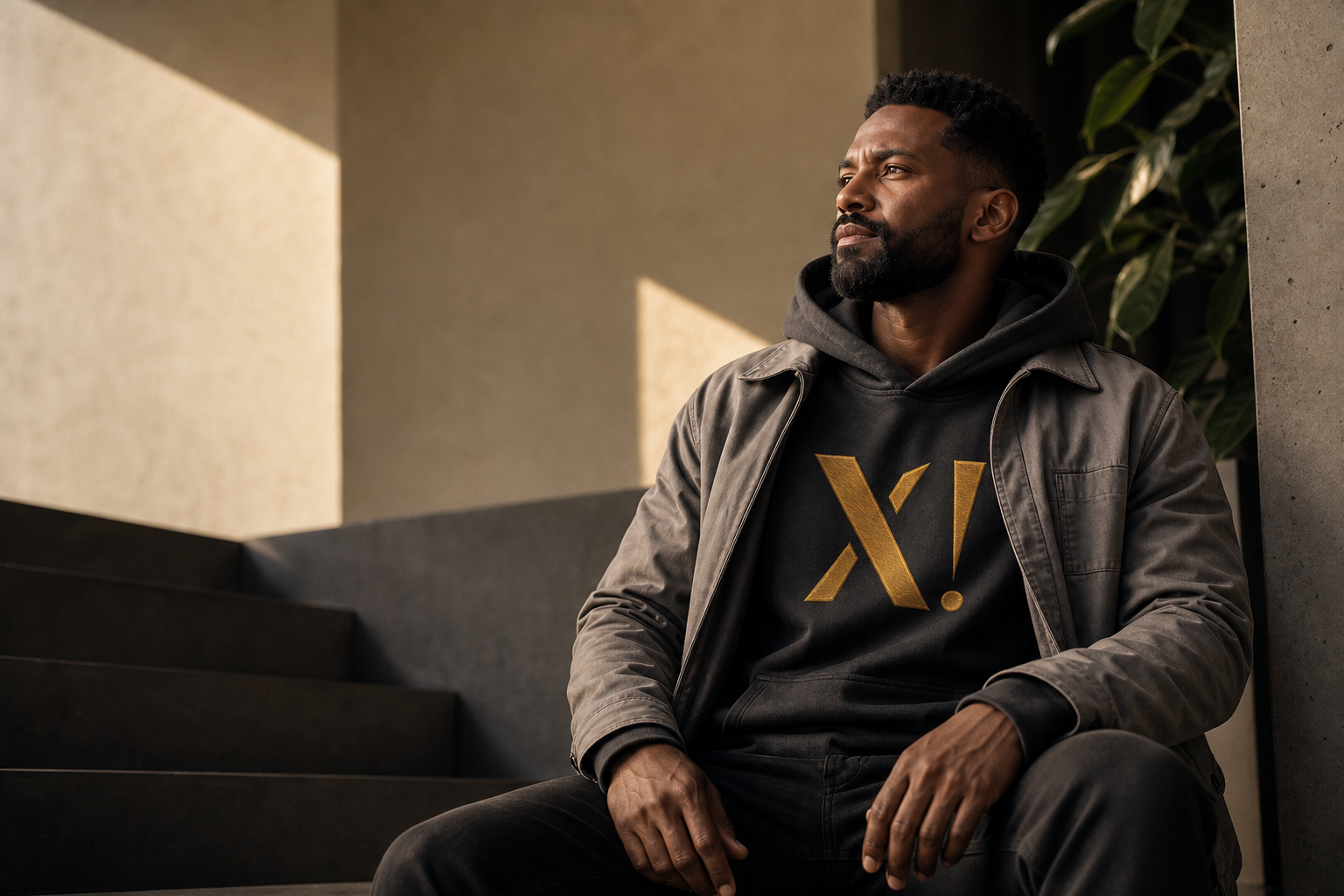 A man in a charcoal XLNT hoodie and utility jacket seated in an architectural interior.