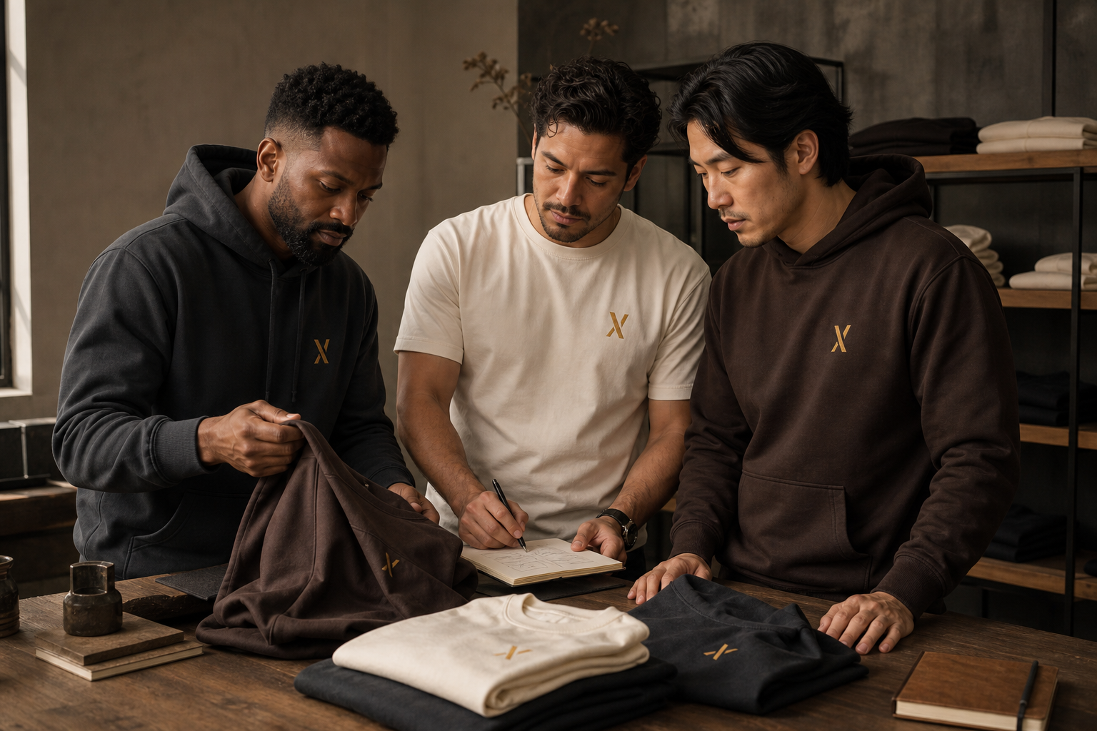 Three men reviewing XLNT garments at a workshop table in morning light.