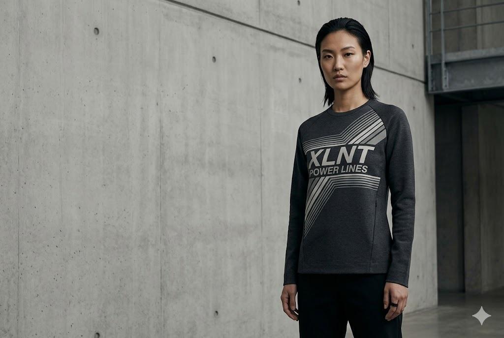 A woman in a charcoal XLNT Power Lines long sleeve against a concrete wall.