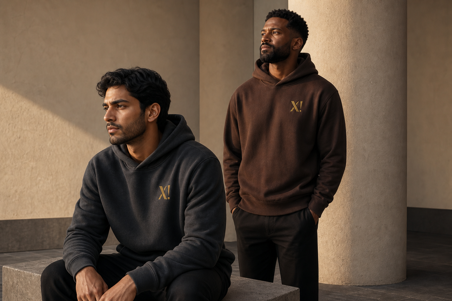 Two men wearing XLNT charcoal and espresso hoodies in an architectural studio.